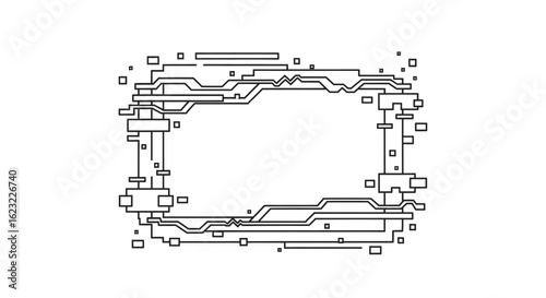 Abstract geometric technology border illustration vector. Futuristic digital screen frame with circuit and glitch design elements.