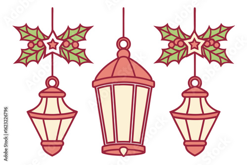 Hanging lanterns with holly and stars decoration festive