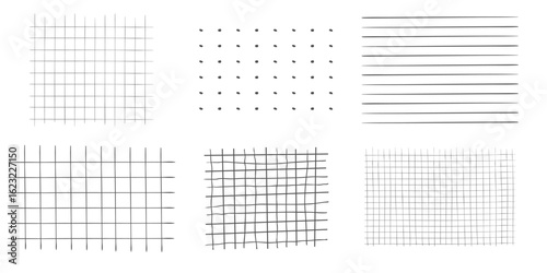 Graph crayon hand drawn textured set square grid for note, geometric line texture. Collection Crayon or pencil stripes, dots for bullet journal pages.