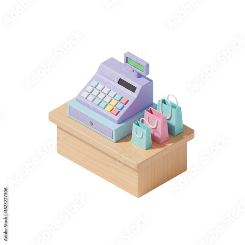 Isometric 3D render of a pastel cash register and shopping bags on a checkout counter. Concept for retail, payment, and commerce.