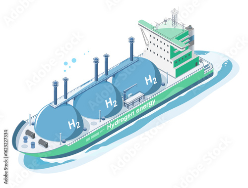 Isometric illustration of a hydrogen energy cargo ship transporting liquid H2 in spherical tanks through ocean routes for clean fuel distribution