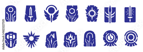 aaa coloored vector badges in solid silhouette style. Blend ancient mysticism with futuristic tech , stone tablets, circuit lines, halos, celestial symbols, weapons, wings, and sacred geometry