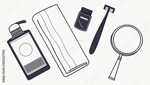 Personal care products and bathroom toiletries flat lay. Hygiene, beauty, health, and wellness essentials for daily routine.