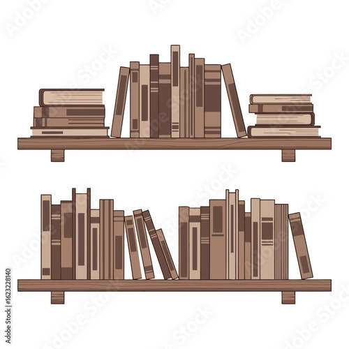 Art of two wooden bookshelves filled with a variety of books, neatly arranged, showcasing a love for literature and learning