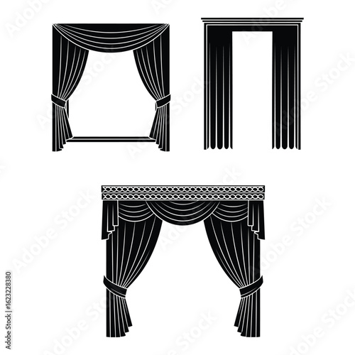 Art of collection of elegant black curtains and drapes for interior design, isolated on white background