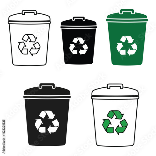 Art of set of five recycling bins in different colors and styles, including black, white, and green options, isolated on white background