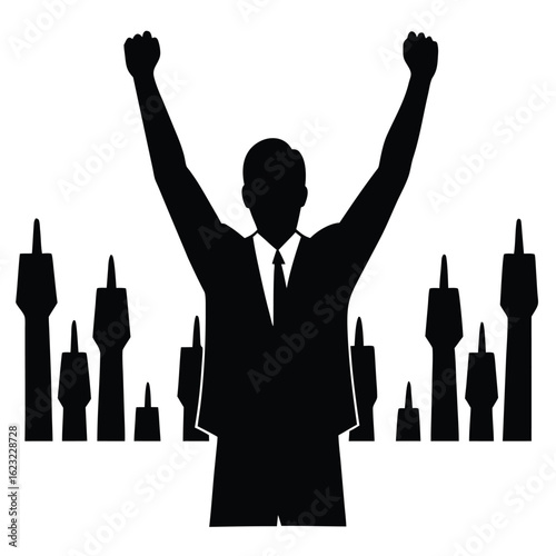Businessman celebrating with arms raised against city skyline celebration success
