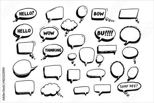 Black and white speech bubbles with text and empty shapes communication conversation