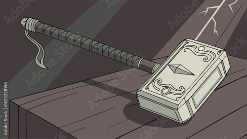 Fantasy hammer with crystal gem. Magic mythical weapon, ancient legendary artifact for games, stories, and power concepts.