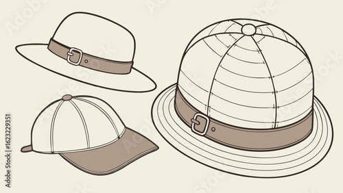 Hats collection illustration. Different types of headwear accessories. Fashion style line art vector drawing of various hats.