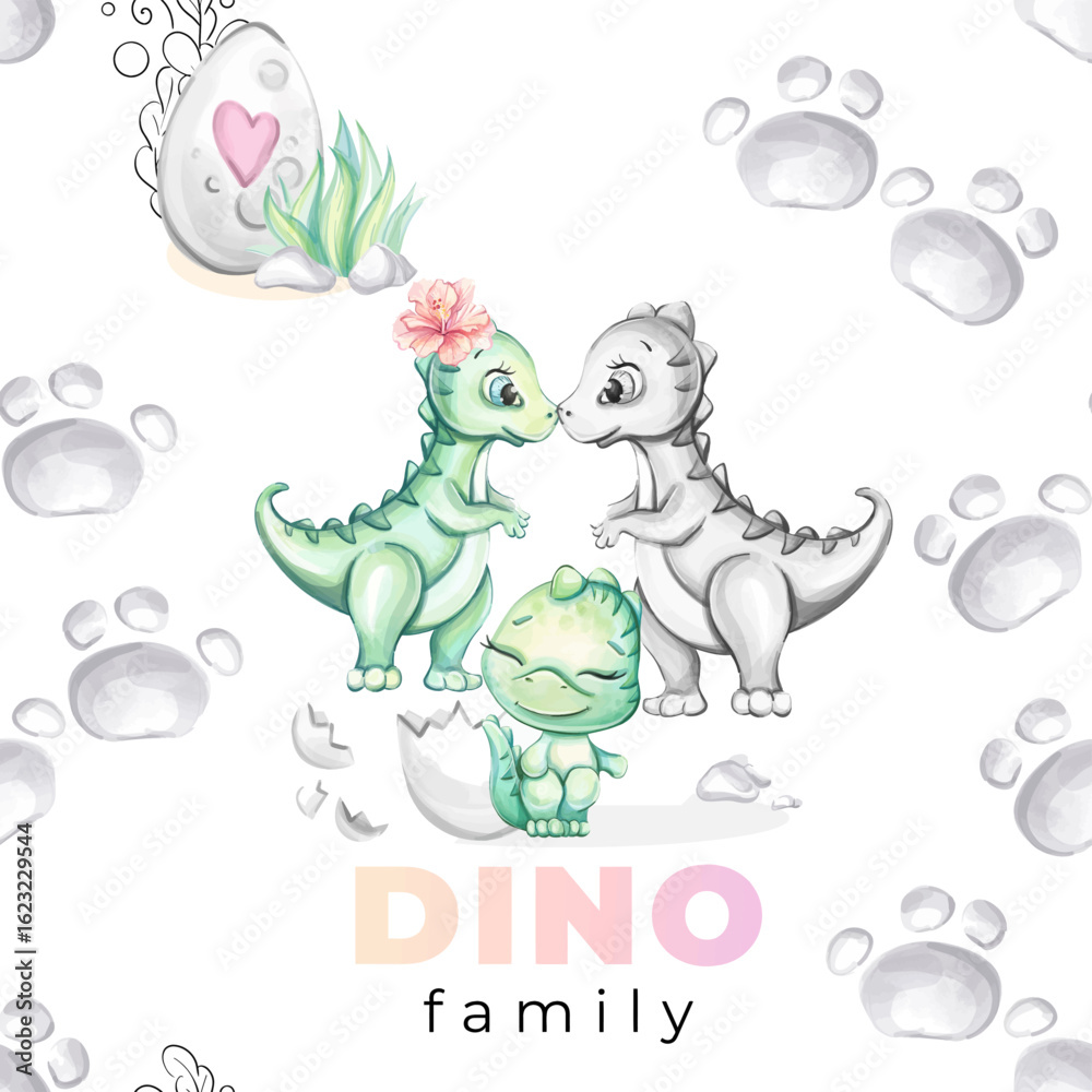 Obraz premium Seamless watercolor pattern cute newborn baby dinosaurs family mom and dad for nursery design in cartoon style for print, wallpaper, fabric