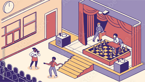 Isometric illustration of a chess game on stage with an audience. Strategic board game event for education and entertainment.