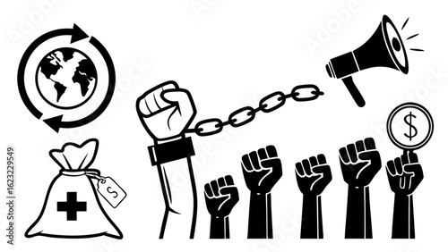 Protest for human rights and freedom against modern slavery, economic exploitation, global inequality, and healthcare costs.
