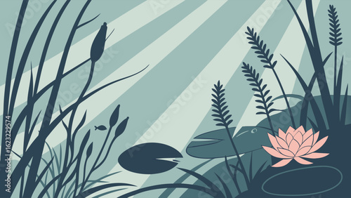 Serene pond water surface view with water lilies reeds and sun rays Beautiful aquatic plants and a pink flower
