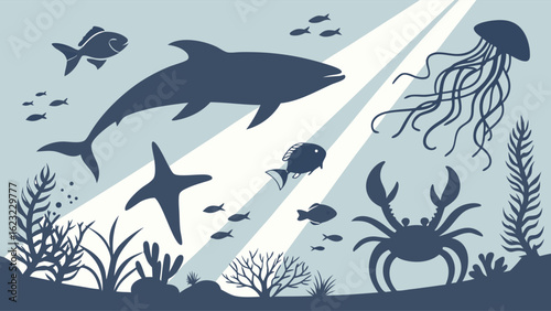 Underwater ocean marine life silhouettes vector. Sea animals including dolphin, fish, jellyfish, crab, and starfish.