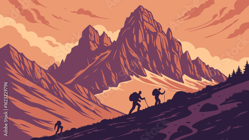 People hiking uphill in mountains at sunset. Outdoor adventure travel and trekking journey. Nature exploration landscape.