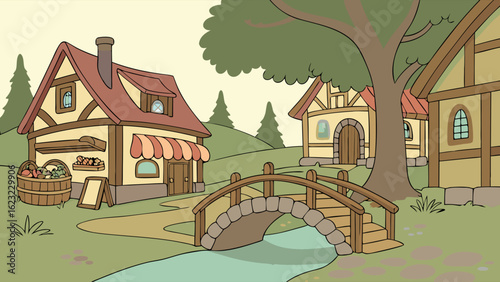 Cartoon village scene with medieval houses, a charming shop, bridge over a river, and green trees. Rural landscape background.