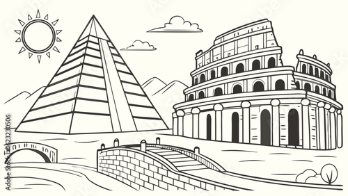 Ancient historical landmarks Great Pyramid of Egypt and Roman Colosseum outline drawing travel and tourism concept art