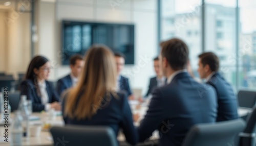 Blur Photo A group of professionals in a modern office are engaged in a collaborative meeting, discussing strategy and sharing ideas at a conference table.