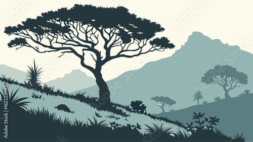 African savanna landscape with acacia tree silhouette and distant mountains. Nature, outdoor, travel, scenic view background.