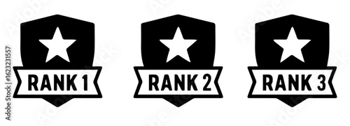 Black Vector Set of Rank 1, Rank 2, and Rank 3 Badges in Clean Silhouette Style, Editable Formats: AI, EPS, JPG, PNG, Ideal for Both Digital and Print Use
