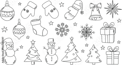 Christmas holiday icon set, festive snowmen, ornaments, gifts, stockings, bells, stars, mittens, trees, decorations, winter theme, colorful design