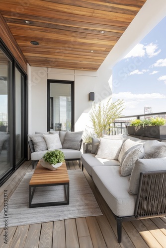 Modern balcony with light beige furniture  wooden accents  and city views