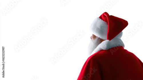 Minimalist silhouette of Santa Claus from behind, looking away on white background. This festive back view of senior man in red suit creates classic holiday feeling