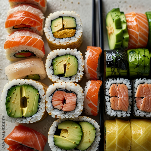 Fresh assorted sushi rolls arranged neatly, captured in a close-up with professional studio lighting.