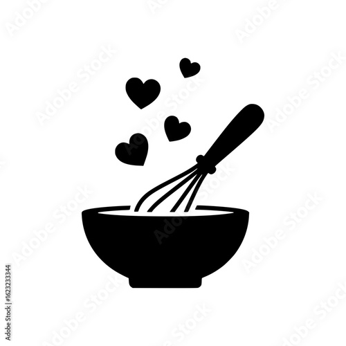 solid black icon of a bowl with a whisk and floating hearts symbolizing love for baking