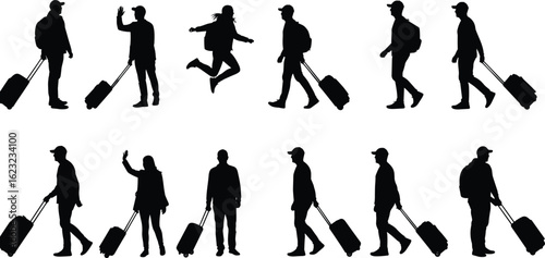 Silhouettes of travelers with luggage, walking, waving, jumping, black and white figures, isolated on white background, travel concept, airport scene
