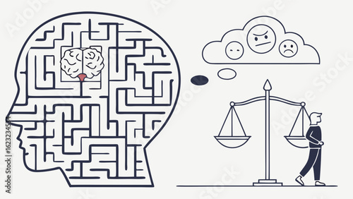 Psychology and mental health concept. Brain maze with emotions, thoughts, and decision making balance. Inner conflict.