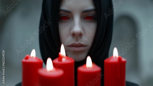 woman in a black headdress, with red eyes looking at red candles. 