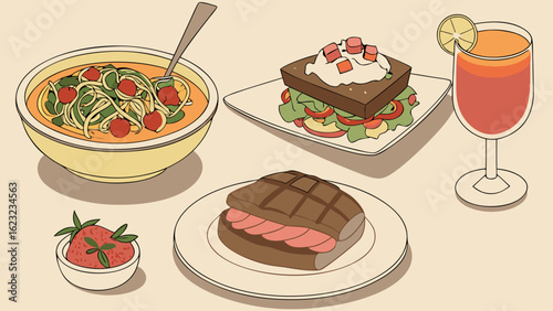 Healthy and delicious meal with a variety of food items fresh soup gourmet sandwiches and refreshing juice. Restaurant menu.