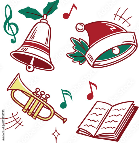 “Vector icons of Christmas-themed musical elements – bells, carol book, trumpet, choir hat, music notes – festive colors, flat design, white background, editable strokes”