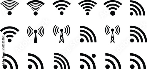 Wireless signal icons pack, communication symbol set, digital connectivity graphics, wifi network strength, vector design elements, antenna technology illustration
