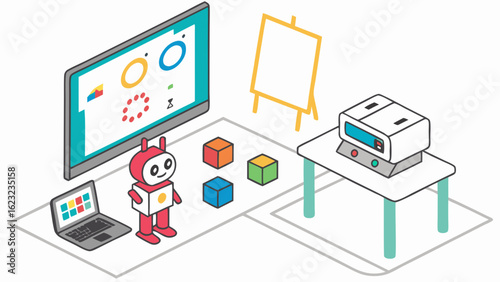 AI robot in modern classroom. Digital education and STEM learning with smart technology, laptop, and interactive screen.