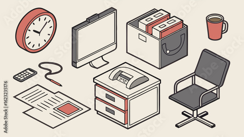Isometric office equipment and supplies set. Business work tools for productivity, organization, and workplace concepts.