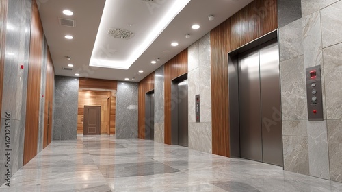 A modern elevator lobby featuring sleek metallic lift doors, wooden accents, and polished marble flooring, creating a sophisticated ambiance.