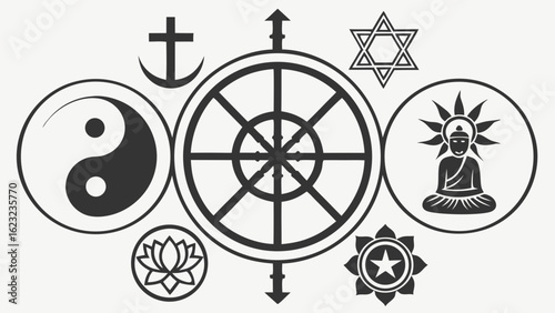 World religions symbols. Diverse spiritual icons representing global faith, unity, and harmony. Religious diversity concept.