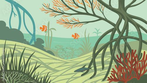 Underwater mangrove ecosystem illustration. Tropical marine life, fish, coral, and aquatic plants in ocean habitat