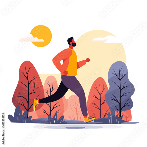 An illustration of a man jogging in the park.
