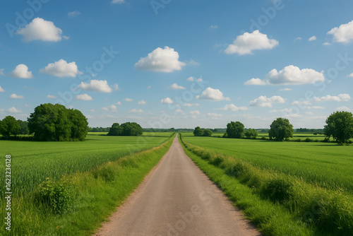 Long Straight Country Road Surrounded by Green Fields and Blue Sky
