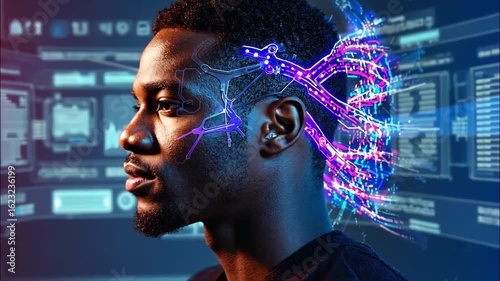 Futuristic Man with Neuralink Brain Interface and Holographic AI Data Stream