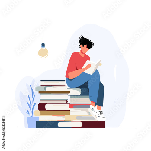A person sitting on a stack of books and reading.