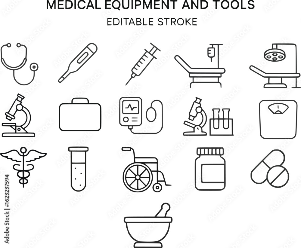 Fototapeta premium medical, equipment, tool, stethoscope, thermometer, syringe, bed, microscope, kit, monitor, test, tube, wheelchair, bottle, medicine, pill, mortar, pestle, science, healthcare, hospital, laboratory, 