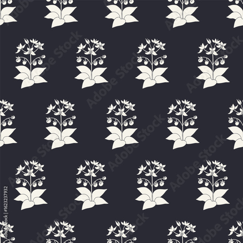 Seamless pattern with white silhouette canary islands flowers tenerife nightshade in vintage millefleur style on black background