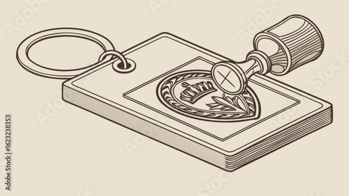 Vintage keychain with emblem and wax stamp isolated on white background, a retro accessory for keys, symbolizing identity and official mark with antique style