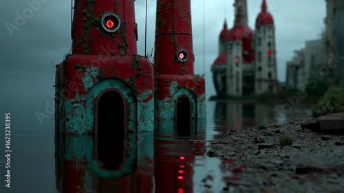 red and green old abandoned retro-futuristic  factory buildings in the water. 