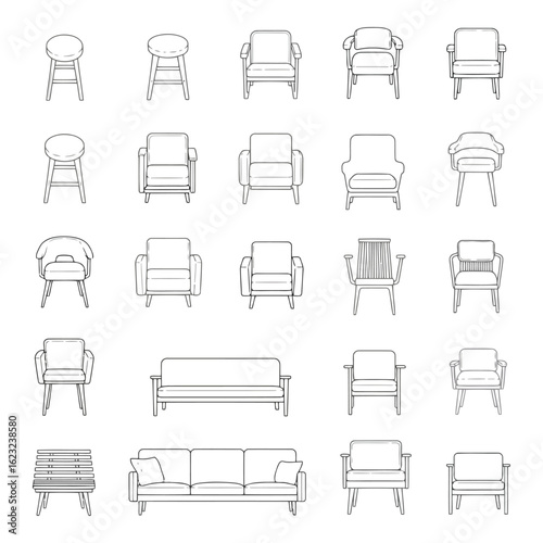 Art of collection of diverse seating furniture designs, including chairs, armchairs, sofas, and stools, isolated on white background